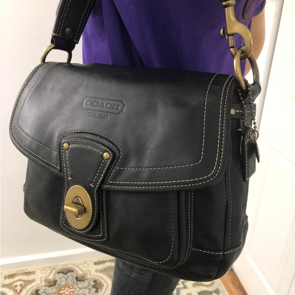 Coach Black Leather Fold-over Flap Turn-lock Hobo Shoulder Purse Bag - Picture 9 of 13